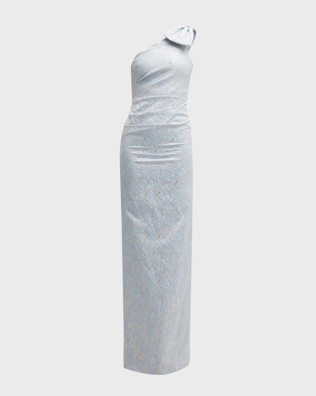 Bow Shoulder Metallic Jacquard Column Gown